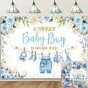 Cute Clothes Baby Shower Backdrop for Boys Blue Flowers Leaves a Sweet Baby Boy is on The Way Background Newborn Kids Baby Shower Birthday Party Decorations Banner Supplies Photo Props (Blue, 6x4FT)