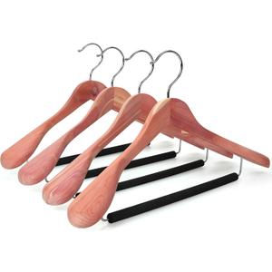 TOPIA HANGER Unfinished American Red Cedar Wood Coat Suit Hangers, Luxury Wooden Jacket Clothes Hangers, Wide Shoulder with Black Padded Pant Bar- 360Flexible Hook, 4 Pack- Natural- CT07W
