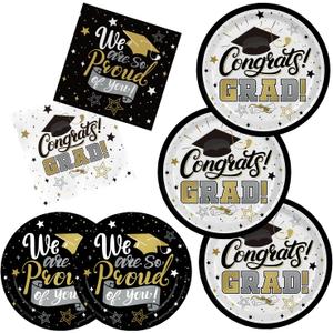 Graduation Decorations 2025 Black and Gold Grad Party Supplies with Disposable Dinner Plates, Dessert Plates and Napkins for 48 Guests - Graduation Party Decorations