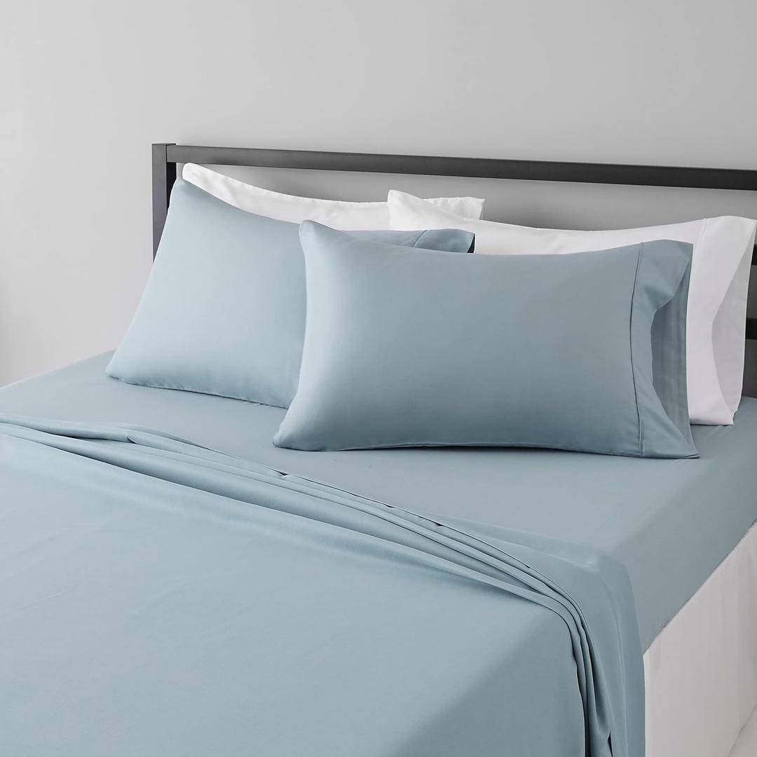 Amazon Basics Lightweight Super Soft, Wrinkle-Free Easy Care Microfiber 4 Piece Bed Sheet Set with 14-Inch Deep Pockets, Queen, Spa Blue, Solid