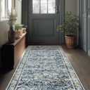 Dark Blue 2x6 Runner Rug for Hallway Low Pile Retro Rugs Non Slip Washable
