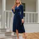 Women's Velvet V Neck Puff Sleeve Dress for Wedding Guest Cocktail Elegant Bodycon Party Midi Dress (Blue, S)