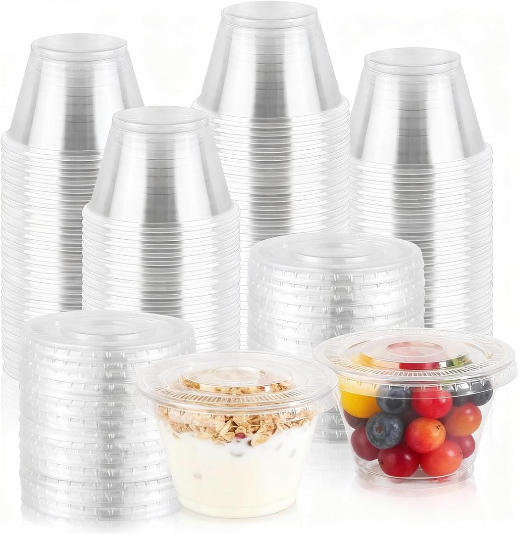 GGOLDMER 100 Sets 7 oz Clear Plastic Cups with Lids No Hole, Fruit Cups with Lids, Disposable Cup for Dessert, Parfait, Ice Cream, Yogurt, Pudding, Cake, Cold Drinks, Smoothie and Snacks