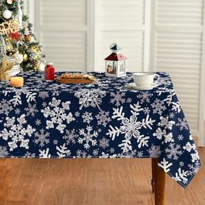 Horaldaily Christmas Tablecloth 60×120 Inch Rectangular, Blue Snow Washable Table Cover for Party Picnic Dinner Decor