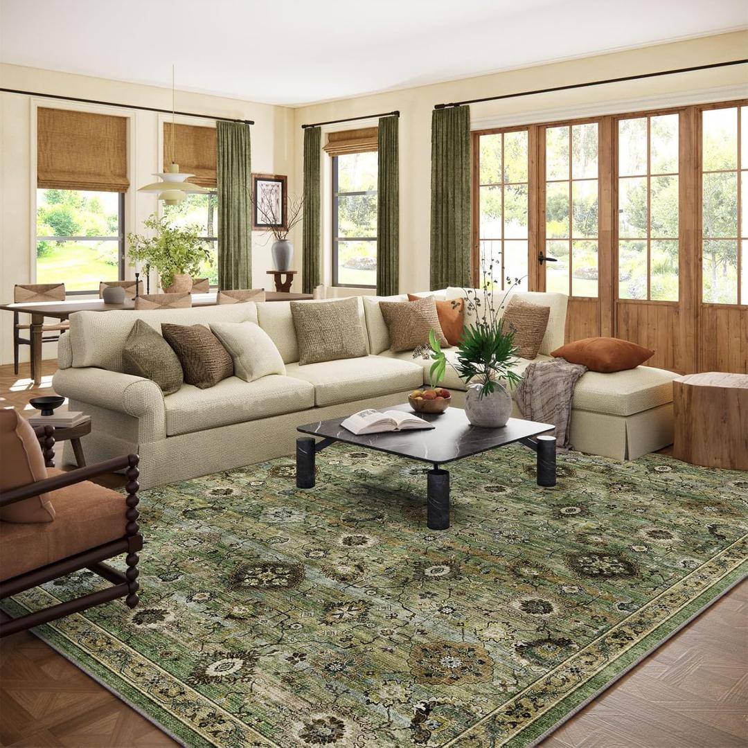 Washable Area Rugs for Living Room: 8x10 Rug Boho Vintage Rugs Stain Resistant Non Slip Low Pile Lightweight Soft Carpets for Bedroom Kitchen Dining Room Nursery Kids Room Farmhouse Home Office (Green and Beige)