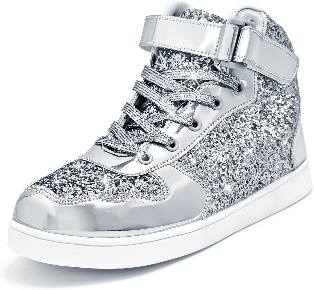 Wooowyet Glitter Shoes Kids High Top Sneakers for Boys Girls Gift Party Birthday Christmas Halloween, 32, Glitter Silver