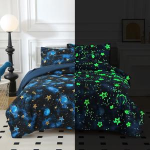 Glow in The Dark Kids Comforter Set, 5 Pieces Blue Space Bedding Set Twin Size for Boys Girls Teen, 1 Comforter, 1 Pillowcase, 1 Pillow Sham, 1 Flat Sheet, 1 Fitted Sheet