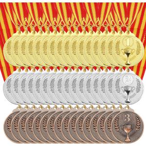 MECCANIXITY Award Medals 2 Inch, Gold Silver Bronze Prizes Metal Winner Medals 1st 2ed 3rd Place with Neck Ribbon Trophy Pattern for Sports Party Favors 48 Pieces