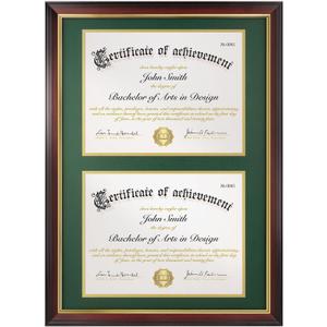 Double Diploma Frame 14x20, Display Two 8.5x11 Degree, Certificates, Documents, Tempered Glass with Acid-Free Green over Gold Mat, Dual Diploma Frame for Graduation, Mahogany with Gold Trim