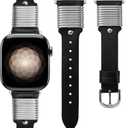 Wearlizer Leather Band Compatible with Apple Watch Bands Women 38/40/41/42mm, Slim Dressy Fancy Designer Leather Strap with Metal Ring Loops for iWatch Series 10 9 Ultra SE 8 7 6 5 4 3 2 1 (Black/Silver), Size: 38/40/41/42mm(Series 10)