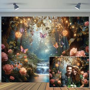 20X10ft Natural Landscape Background Fantasy Forest Tale Backdrop Colorful Flower Waterfall Butterfly Floral Plants Decorations Photography Backgrounds Fairy Aesthetic Backdrop Photo Shoot Decor