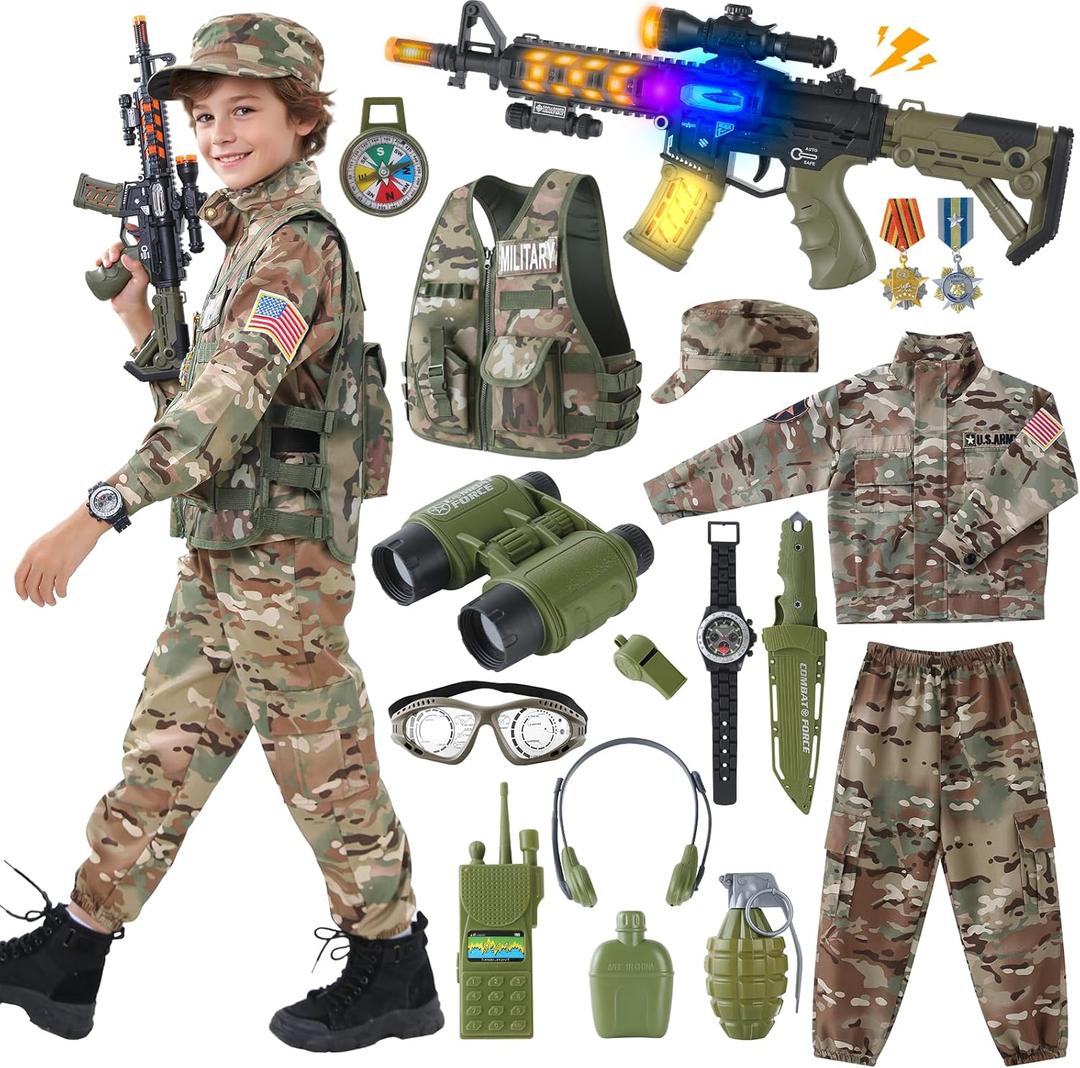 18pcs Kids Army Costume for Boys, Solider Boy Dress up, Halloween Costumes for Boys with Vest M