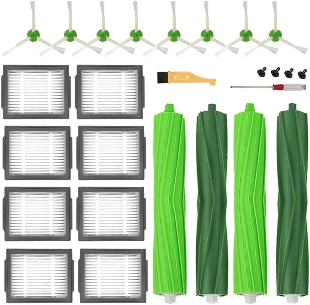 MZY LLC Replacement Parts for iRobot Roomba i7 i7+ i2 i3 i3+ i4 i4+ i6 i6+ i8 i8+/Plus j7 j7+ E5 E6 E7, I, E & J Series Vacuum Cleaner, 2 Set Rubber Brushes, 8 HEPA Filters and 8 Side Brushes