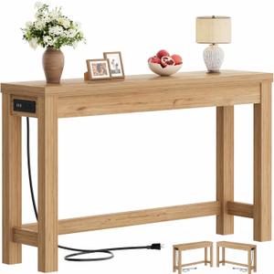 Cyclysio 47" Console Tables for Entryway, Narrow Console Tables for Living Room, Behind Couch Table, Sturdy Wood Support Hallway Table with 3AC+2USB Charging Station, Natural Oak