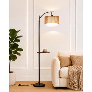 PESRAE Rattan Floor Lamp for Living Room, Farmhouse Arc Standing Lamp | Side Table with lamp, 3 Color Temperatures, Rattan & Fabric Lamp Shades, Boho Standing Lamp for Living Room, Bedroom Corner