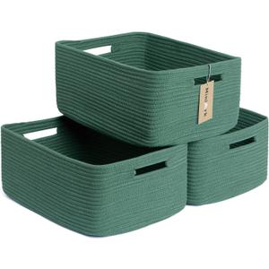 MiniArk Large Storage Baskets for Shelves, Closet Organizers Bins for Clothes Blanket Towels, Baby Nursery, Toy Baskets Box, Woven Rope Baskets, 17 x 13 x 7.5, 3 Packs Green