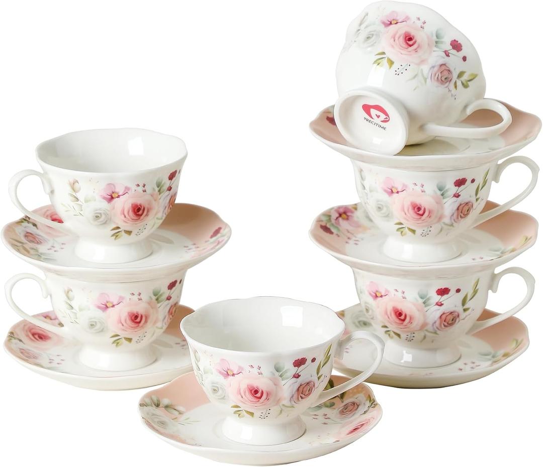 PRECITIME 6oz Floral Porcelain Tea Cup & Saucer Set of 6, Pink Rose, Party