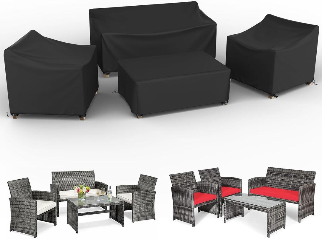Patio Furniture Cover Set 4 Piece Outdoor Furniture Cover Waterproof, 600D Heavy Duty Lawn Outdoor Sectional Table and Chair Protection -Black Large
