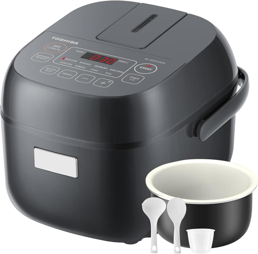 TOSHIBA Rice Cooker Small 3-Cup Uncooked LCD Display with 8 Cooking Functions: Rice, Oatmeal, Mixed Grains and More, NonStick Inner Pot, Grey
