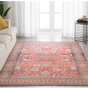 Syalife 5x7 Area Rugs - Washable, Low Pile, Non-Slip for Living Room, Bedroom, Dining Room and Home Office - Non-Shedding Carpet, Coral Red
