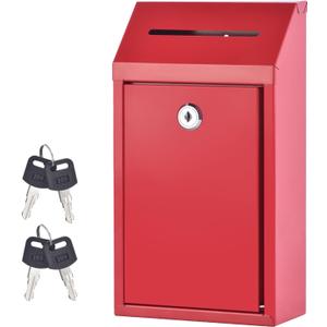 Donation Box Wall Mount Collection Box with Lock Suggestion Box with Lock Delivery Mail Box Ballot Box with Key for Home Office Farm Outdoor (Red)