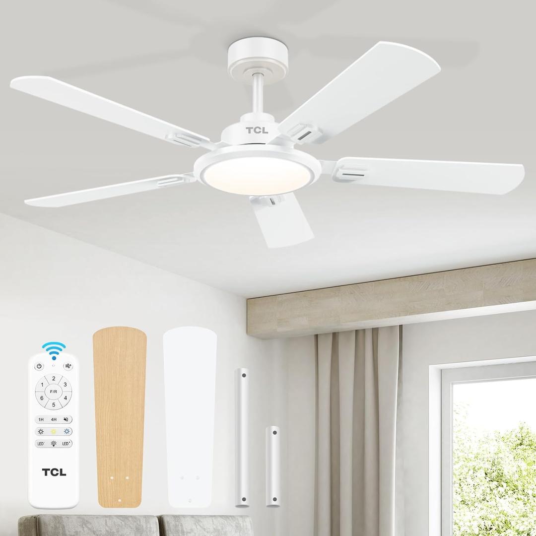 TCL Ceiling Fans with Lights, 52 Inch Ceiling Fan with Light and Remote Control, Reversible DC Motor, Noiseless, Dimmable 36W LED, Modern Ceiling Fan for Bedroom Living Room (White)