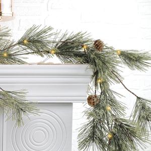 6.4ft Smokey Christmas Garland with Lights, Prelit Natual Rustic Cedar Pine Garland with Pine Cones for Home New Year, Mantle, Fireplace, Indoor Outdoor Decoration Simple Garland Pine Needle