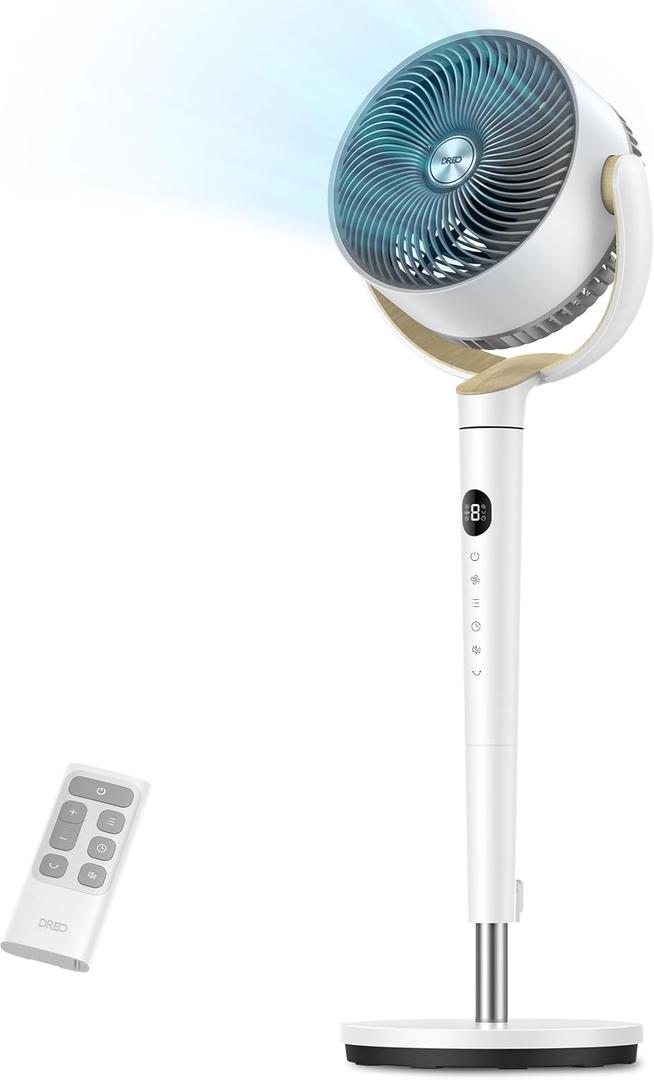 DREO Fan for Bedroom, 120° Oscillating Standing Fan, Quiet Pedestal Fan with DC Motor, 9 Speeds, 4 modes, 20dB, 120° Manual Vertical, 37-42" Adjustable Height, 9H Timer, White