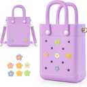 Mini Rubber Tote Bag for Little Girl & Woman, X-Small EVA Waterproof Beach Bag with Cute Charms & Adjustable Strap | with 7 Charms