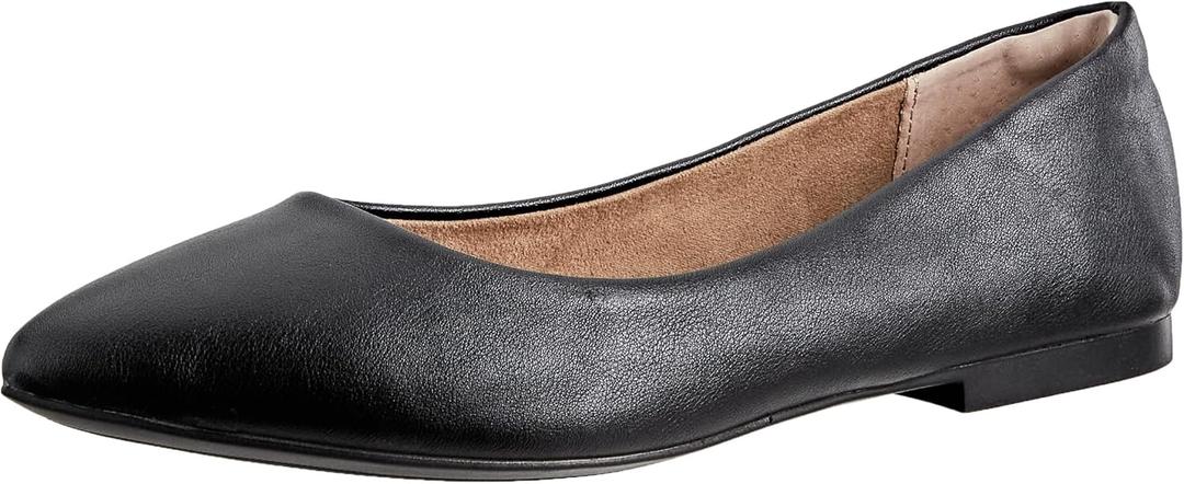 Amazon Essentials Womens Pointed-Toe Ballet Flat (13, Black Faux Leather)