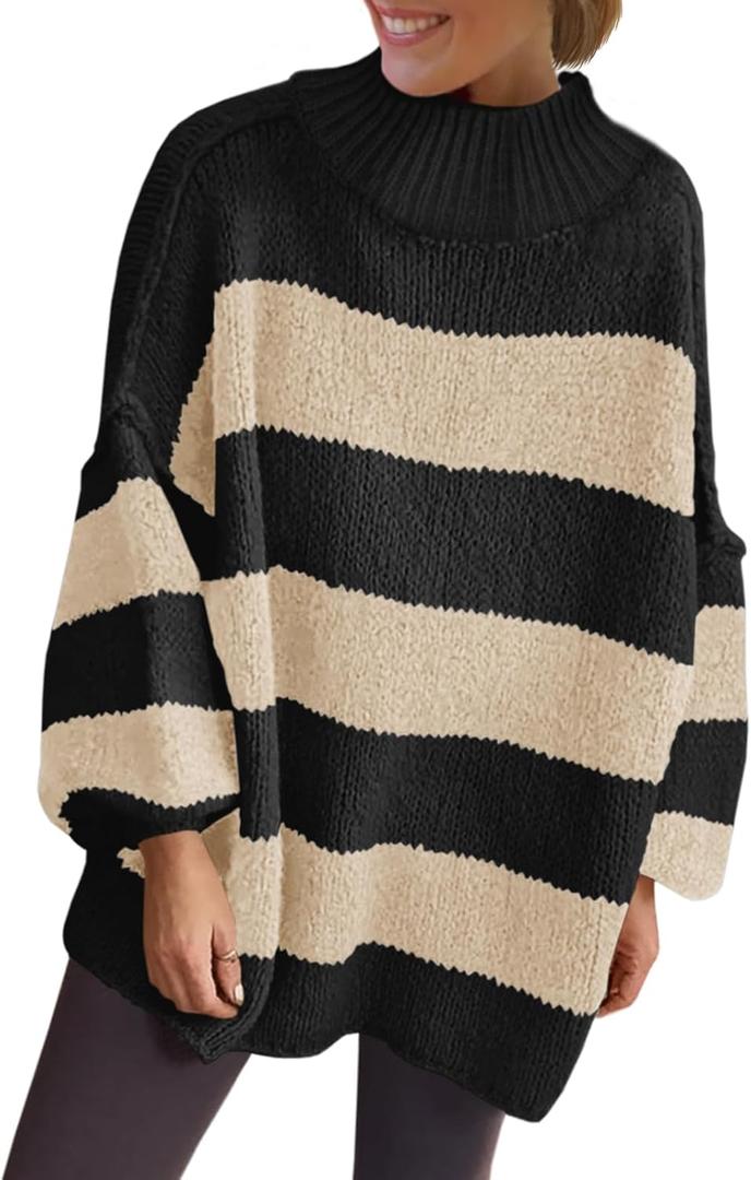 Saodimallsu Womens Oversized Striped Sweater Mock Neck Chunky Knit Lantern Long Sleeve Fall Trendy Tunic Sweaters Top (Large, Black)
