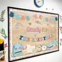 2 x Back to School Bulletin Board Classroom Decoration, Ready for The Best Year Bulletin Board Set, Pastel Notebook Stationery Schoolbag Cutouts for First Day of School Wall Door Chalkboard Classroom