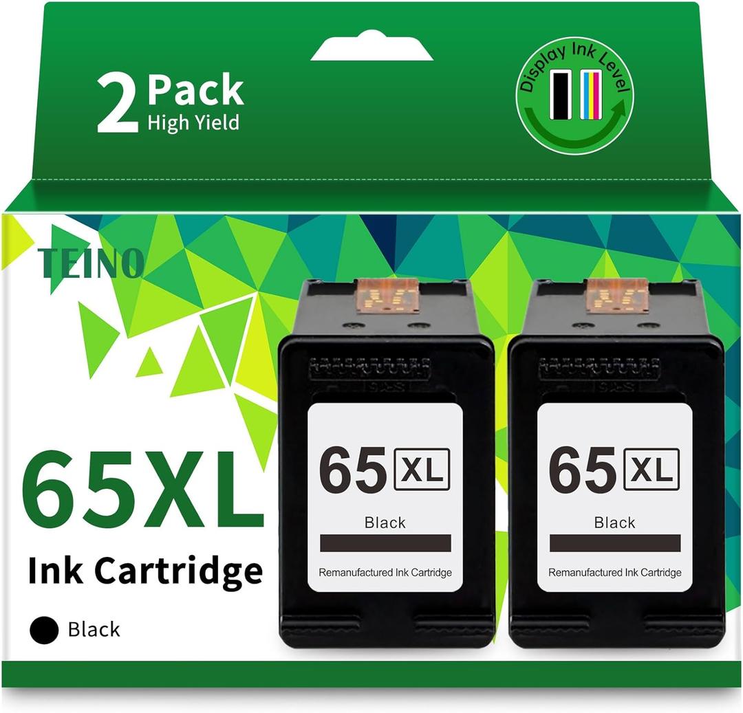 TEINO Remanufactured Ink Cartridge Replacement for HP Ink 65 65XL Black Ink Cartridge for HP Printers Envy 5055 5052 5058 DeskJet 3755 3700 2600 2655 3752 3720 3722 3723 3758 2652 2622 2624 (2 Black)