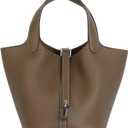 Genuine Leather Bucket Bag for Women Handheld tote bag with metal clasp, bohemian-style market tote bag(Elephant gray-silver)