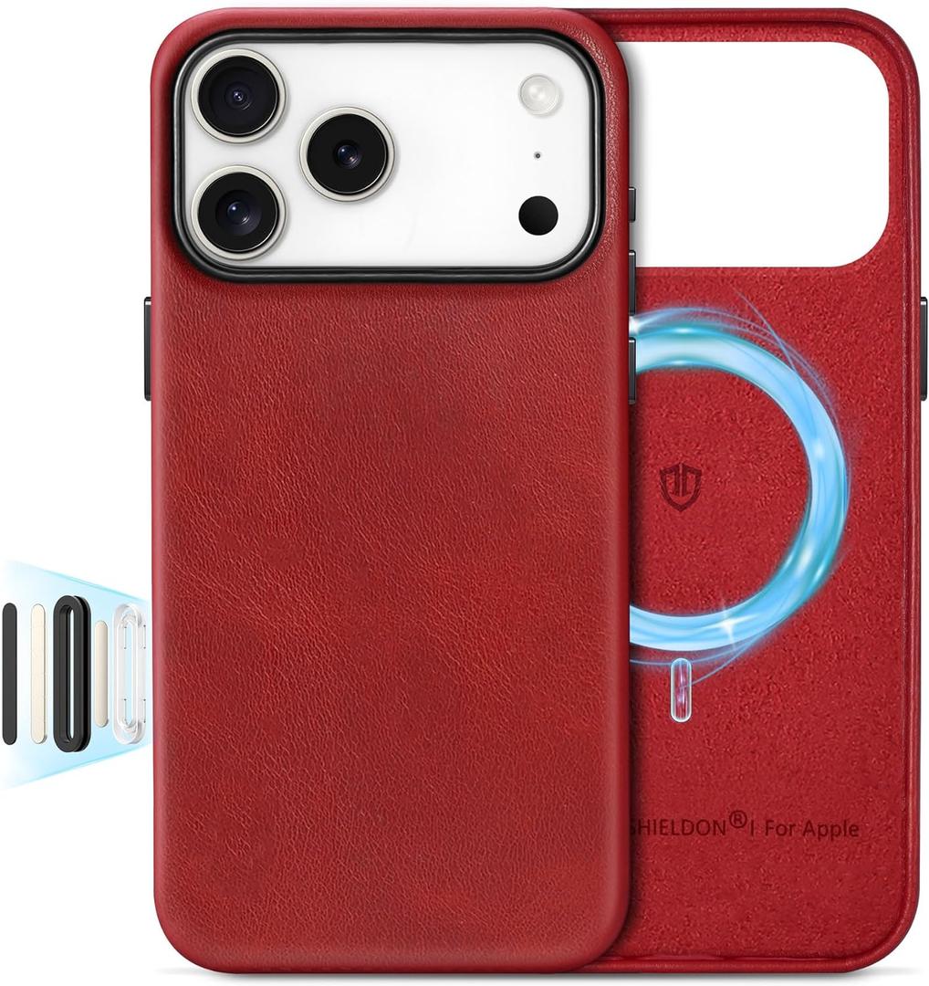 SHIELDON Genuine Leather Wallet Case for iPhone 17 Pro Max 6.9" 2025 | Detachable | Wireless Charging | Magnetic | RFID Blocking Credit Card Holder | Kickstand | Shockproof Phone Holder  Red