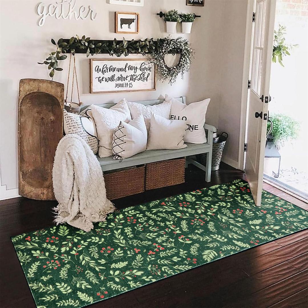 Washable Vintage Floral Christmas 2x5 Runner Rugs Non Slip - Ultra Thin Soft Xmas Tree Green Berries Holly Branches Winter Christmas Throw Runner Rug for Kitchen Bathroom Entryway Hallway Laundry