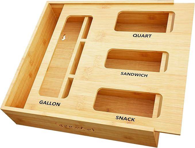 SpaceAid Bag Storage Organizer for Kitchen Drawer, Bamboo Organizer, Compatible with Gallon, Quart, Sandwich and Snack Variety Size Bag (1 Box 4 Slots)