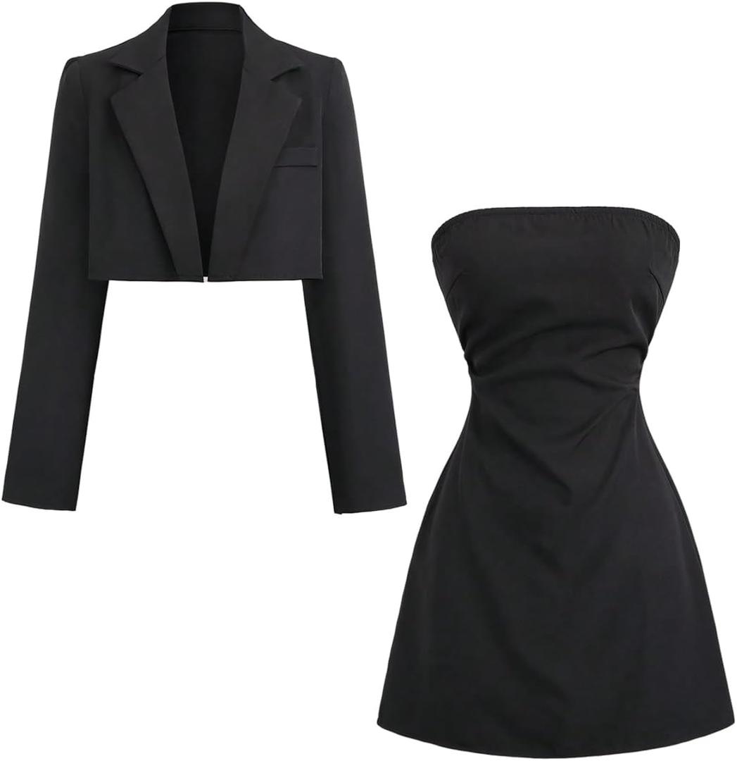 OYOANGLE Women's 2 Piece Set Strapless A Line Mini Dress and Long Sleeve Cropped Blazer Going Out Outfits