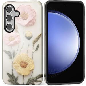 Case for Samsung Galaxy S25 Case,Faux Embroidery Boho Floral Design Hybrid Dual Protection Silicone Hard PC Shockproof Full Body Cover Anti-Scratch Protective Case for Men Women