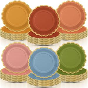 96 Pcs Fall Wildflower Color Paper Plates 9 Inch Colorful Boho Scalloped Paper Disposable Dinner Dessert Plates for Autumn Thanksgiving Birthday Wedding Bridal Party Supplies, 6 Colors