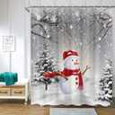 Winter Snowman Shower Curtain for Bathroom Christmas Pine Tree Snowflake on Rustic Wooden Board Xmas Shower Curtains Holiday Bathroom Decor with Hooks 72 x 72 Inches Softable Polyester Fabric (Multi Snowman 05)