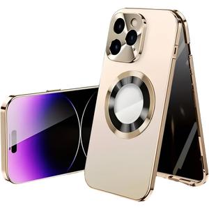Magnetic Metal Edge Full Body Military Drop Protection for iPhone 16 Pro Max Case,Compatible with MagSafe,Rugged Built-in Privacy Screen Protector Logo View Shockproof Cover,Gold