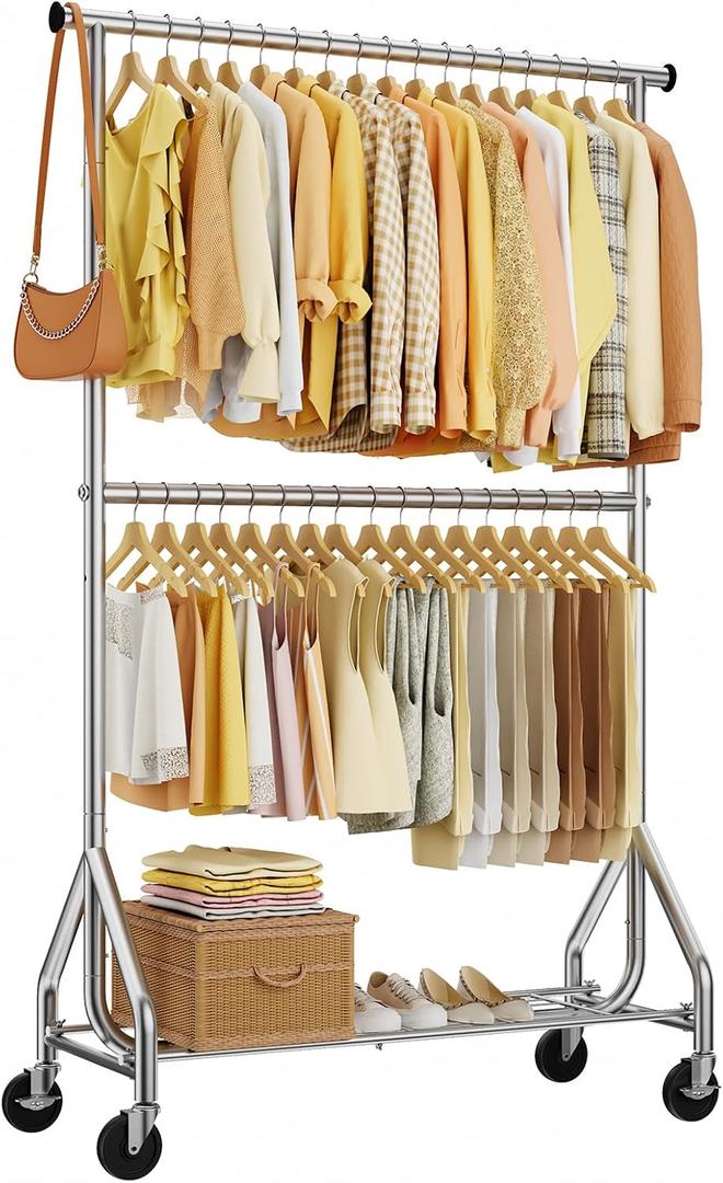 HYSEYY Heavy Duty Clothes Rack, Double Rod Clothing Rack for Hanging Clothes, Rolling Garment Rack, Adjustable Freestanding Wardrobe Closet Coat Rack for Bedroom Laundry Living Room, Silver