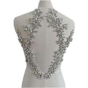 Handmade Rhinestones lace Trim Patches handsewing Beads Applique for Dress DIY Accessories (Silver)