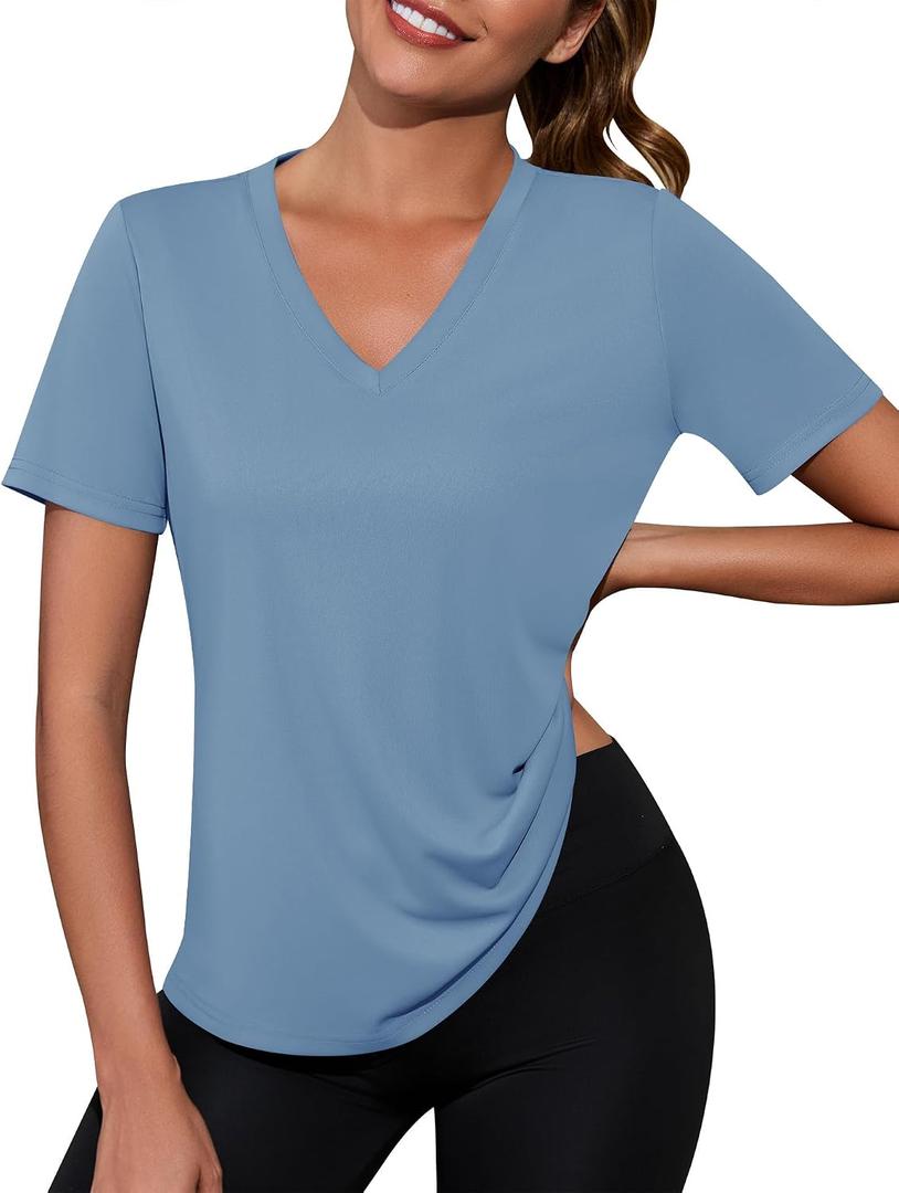 Kistore Workout Tops for Women Breathable V Neck Yoga T Shirts Trending Beach Casual Loose Fit Tee Running (Gray, M)