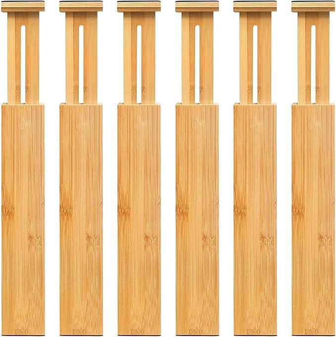 VaeFae Adjustable Bamboo Drawer Dividers, Expandable Drawer Organizer for Kitchen, Bedroom, Bathroom, Dresser and Office, 6-Pack, Size: 2.4"High, 16.6-21.8"Long