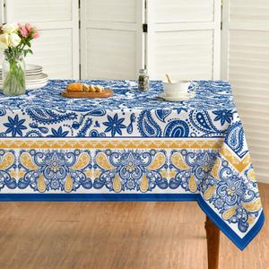 Horaldaily Boho Floral Bordered Tablecloth 6084 Inch Rectangular, Paisley Blue Washable Seasonal Table Cover for Party Picnic Dinner Decor