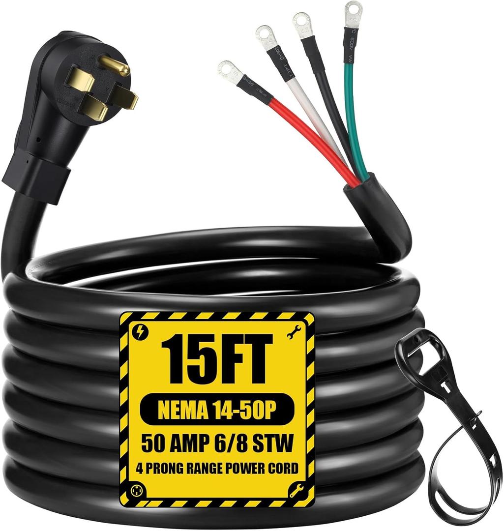 Kanayu 15 FT 6/8 AWG 50 Amp 4 Prong Replacement Range Power Cord Compatible with NEMA 14-50p to 4-Wire, Compatible with EV Plug/J1772 Connector, 6/2+8/2 AWG STW, Etl Listed