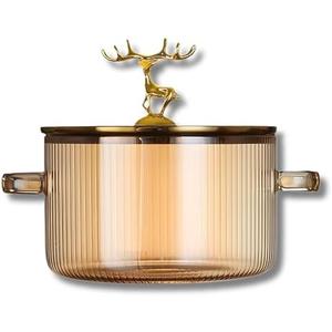 Generic Glass Pot with Ribbed Design & Cute Golden Deer Handle Lid Heat-Resistant Borosilicate Cookware with Ergonomic Double Handles, Oven & Stovetop Safe for Cooking, Serving & Storage