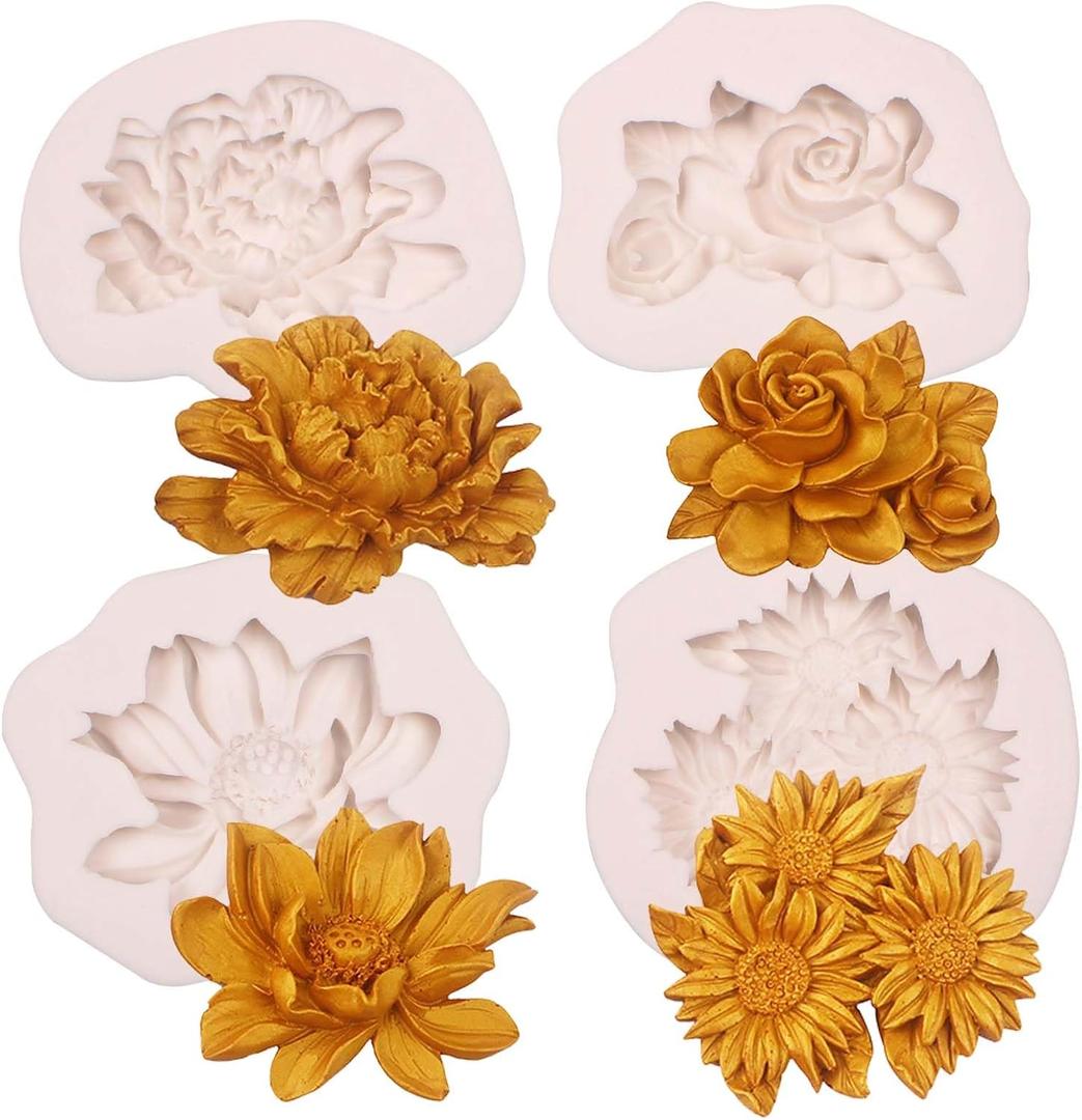 Rose Sunflowers Silicone Molds, 3D Peony Flower Fondant Molds for Cake Decoration, Soap Candle Making, Clay Polymer, Aromatherapy Set of 4
